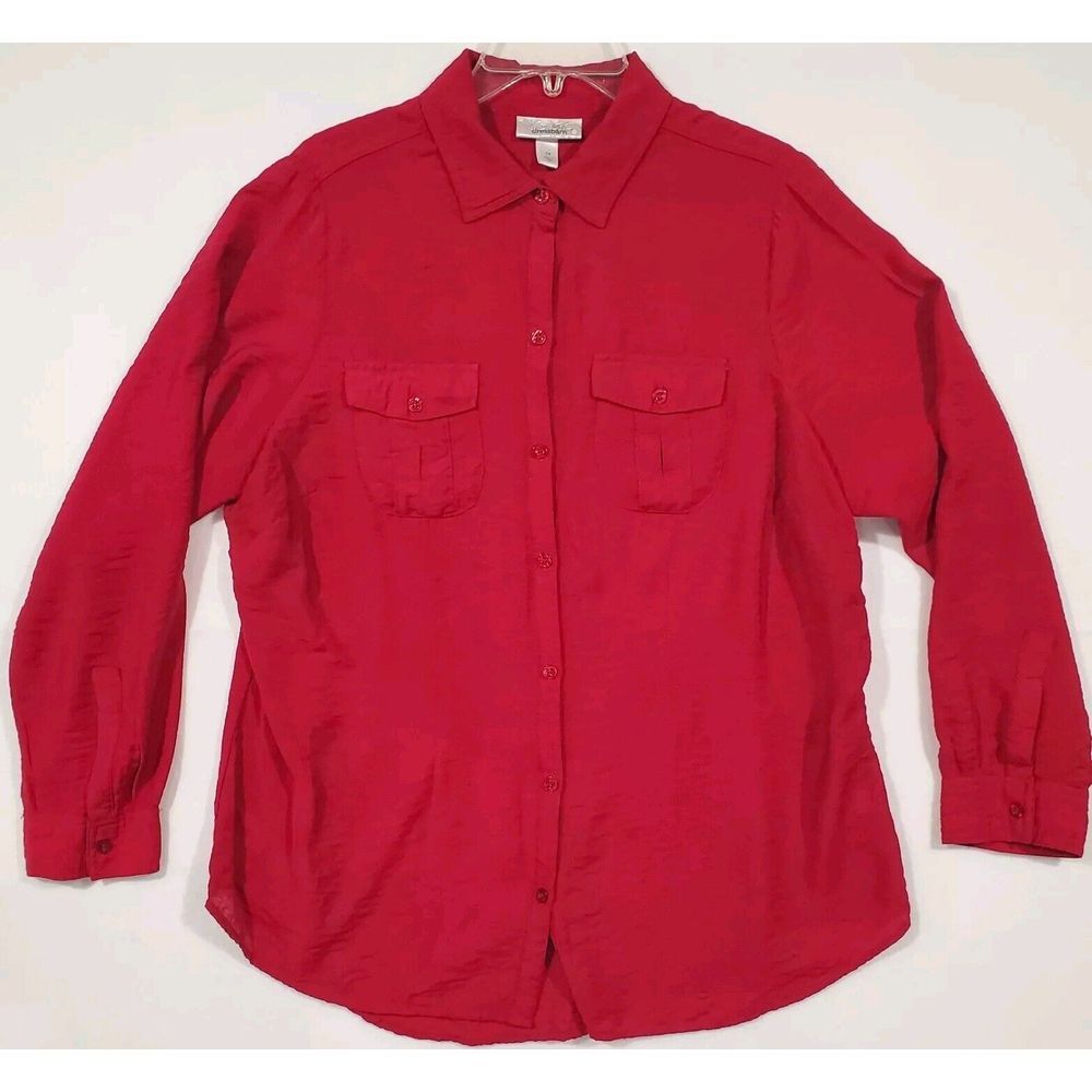 Dress Barn Women's Top 1X Long Sleeve Red Button Up with Pockets Collared